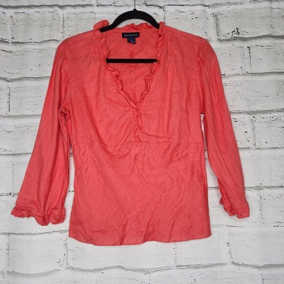 Ann Taylor Womens Coral Size 4 Linen Long Sleeve Blouse - Picture 1 of 11